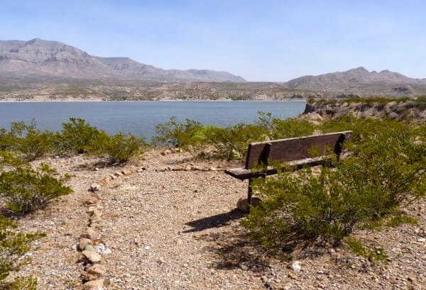 Bench on trail overlooking lake