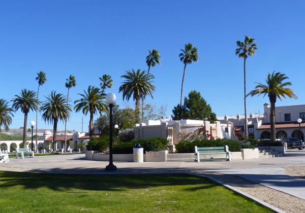 Park with palms, buildings